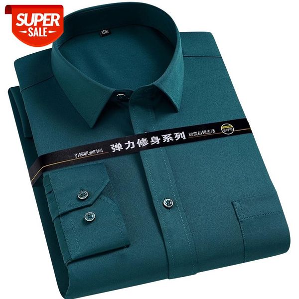 

men's strech solid dress shirt anti-wrinkle long sleeve plain casual shirts male regular fit non-iron easy care work clothes man #oo90, White;black