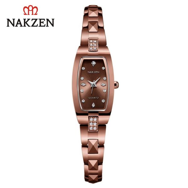 

wristwatches nakzen japanese tungsten women quartz watch sapphire glass fine polishment simple square style crystal inlaid gentle lady, Slivery;brown