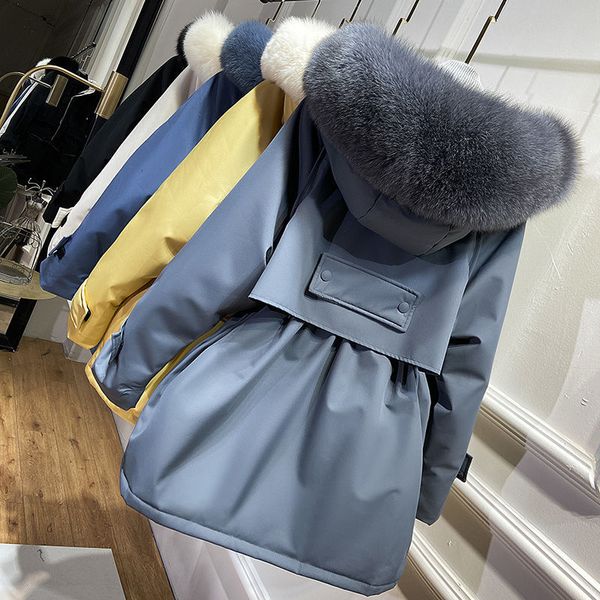 

great natural fox raccoon skin with winter hood to female coat 90% white duck down thick jacket outerwear feminine l89 w1cj, Black