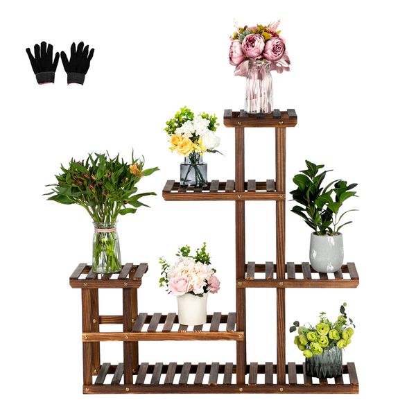 

5 floors 10 seats indoor and outdoor multifunctional carbonized wood plant stand planter flower pot stand shelf