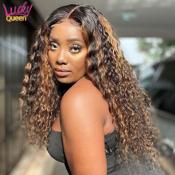 

lace wigs curly wave highlight 2 30 colored 13x4 frontal human hair 4x4 closure queen malaysian virgin, Black;brown