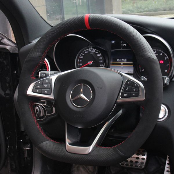 

for mercedes-benz glc260l c200l e300l 180 c-class e-class gla diy custom leather suede hand stitched car interior steering wheel cover