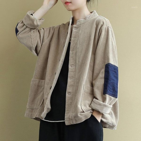 

women's jackets vintage women corduroy stand long sleeve button patchwork pocket cardigan outwear loose clothes 2021 autumn casual coat, Black;brown