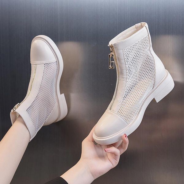 

sandals boots summer 2021 ankle single shoes wild british thick with mid-heel mesh hollow femmes chaussures, Black