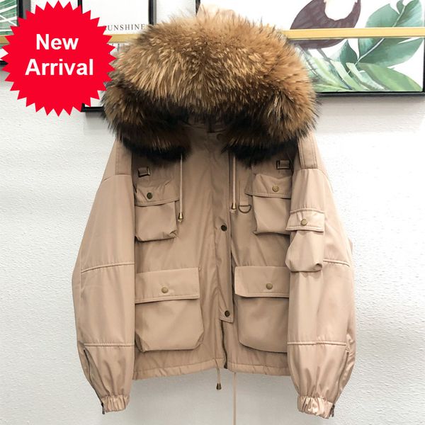 

large natural raccoon fur women coat winter thick 90% white duck parka female hooded short jacket loose down outerwear, Black