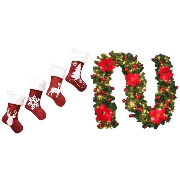 

christmas decorations reindeer elk snowflake print stockings 4pcs & 9 ft pre-lit garland led light flower ball (red)