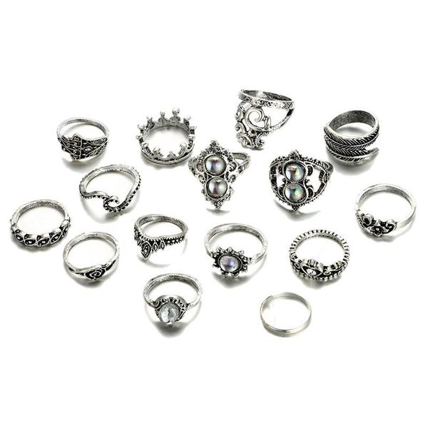 

cluster rings 15pcs/set women bohemian vintage crown cat's eye wave flower heart leaf crystal opal joint ring party silver set, Golden;silver
