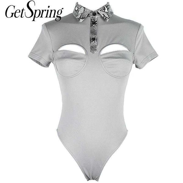 

getspring women bodysuits serpentine patchwork hollow out summer short sleeve slim ladies bodysuit fashion black grey 210601, Black;white