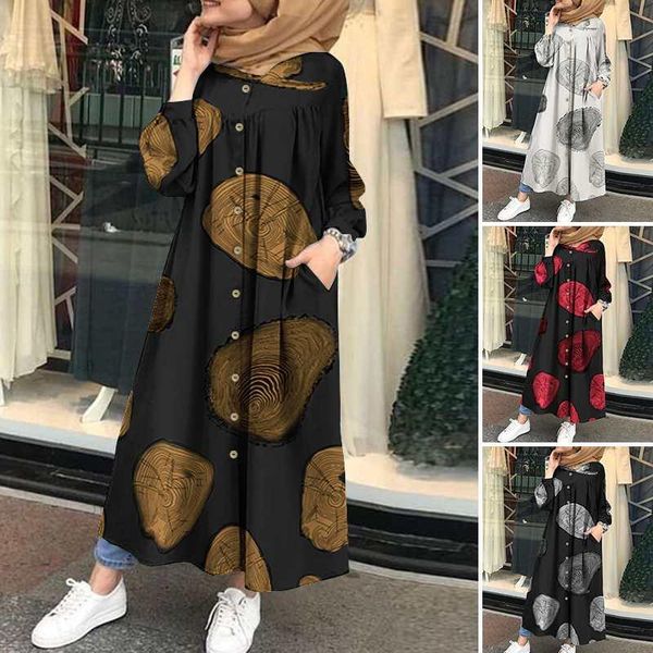 

casual dresses autumn muslim printed maxi dress women abaya islamic clothing long sleeve shirt vestidos female button robe plus size, Black;gray