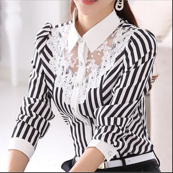 

lace sheer mesh patchwork office blouse white black striped shirt oversized button down shirts ladies plus size women c454