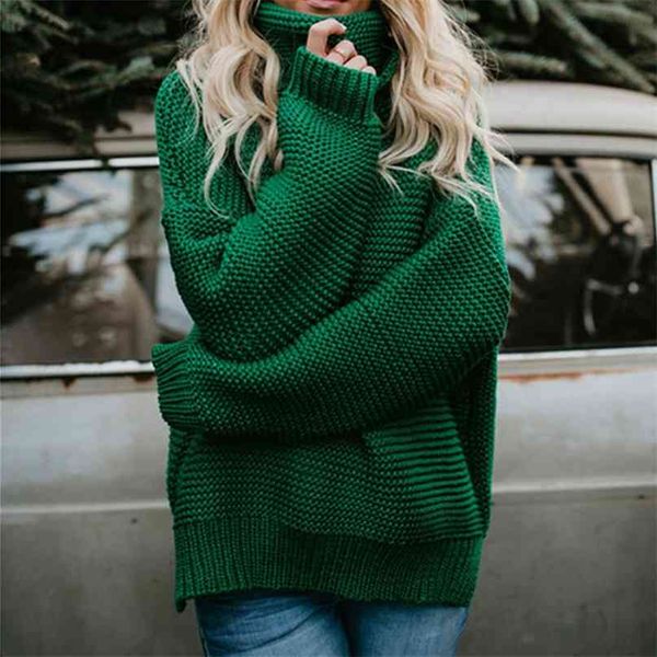 

women pullover turtle neck autumn winter clothes warm knitted oversized turtleneck sweater for women's green woman 210917, White;black