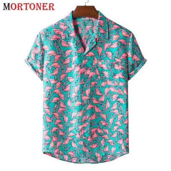 Elegante camicia aloha hawaiana con stampa di fenicotteri Camicie da spiaggia a maniche corte estive da uomo Camicie da uomo per le vacanze da festa 210721