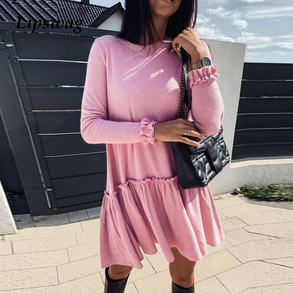 

2021 new spring autumn butterfly long sleeve pleated women casual o-neck mini es ladies solid short ruffles streetwear ep0p, Black;gray