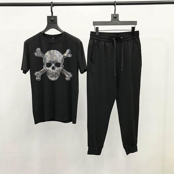 

men's tracksuits shiny glowing night diamond fashion short-sleeved t-shirt sets slim tracksuit, Gray