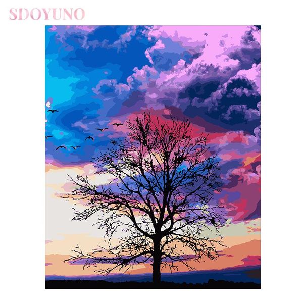 

paintings sdoyuno colorful sky tree landscape oil painting by numbers kit for adults handpainted diy frame home decor gift canvas drawing