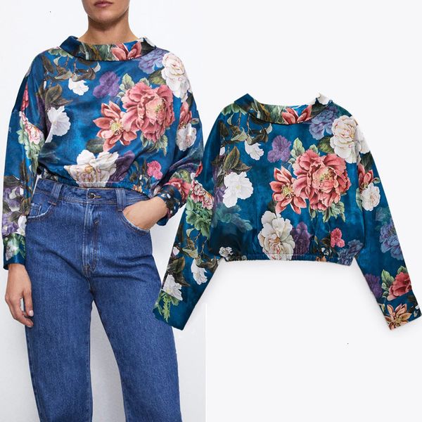 

New Blouse 2021 Women Floral Printed Satin Crop Top Woman o Neck Long Sleeve Elastic Hem Vintage Loose Elegant Ladies Blouses Mpqz 2VWF, White