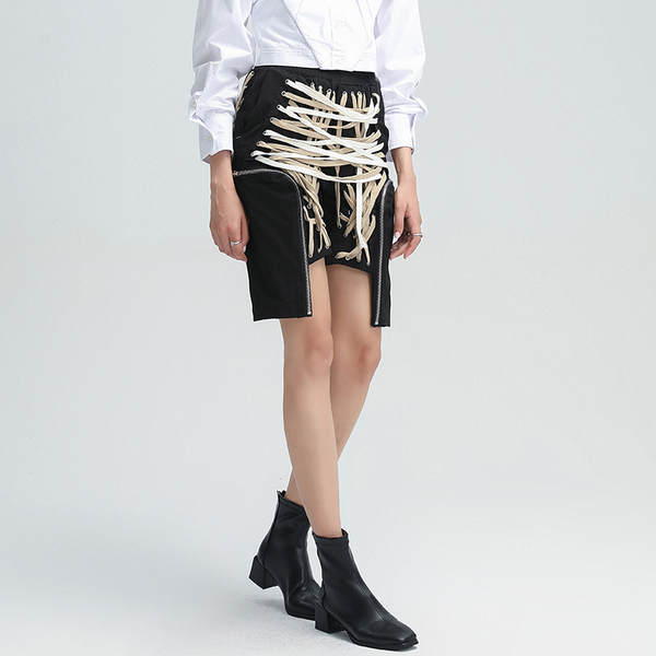 

casual bandage lace up pants for women high waist irregular hem cross drawstring trousers female 2021 summer new, Black;white
