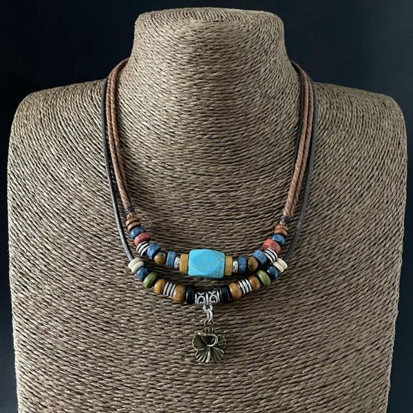 

chokers retro tribal necklace layered fake turquoise braided pendant wax rope women men jewellery, Golden;silver