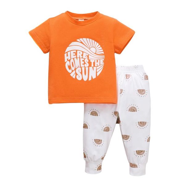 

clothing sets 2021 0-24m baby girl boy set here comes the sun letter print short sleeve t-shirt+cartoon long pants casual summer 2pcs, White