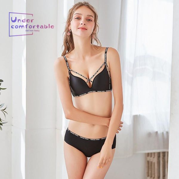 

bras sets fancy seamless women triangle thin bra set wireless cross string letter printed female underwear lingerie, Red;black