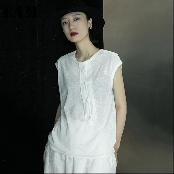 

eam] women white brief big size stitch buckle t shirt new round neck sleeveless fashion tide spring summer 2021 1x015