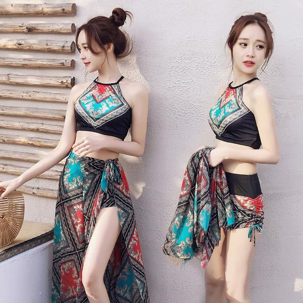 

women's swimwear bikini swimsuit female three piece set fairy style split thin chest gathered conservative summer spring, White;black