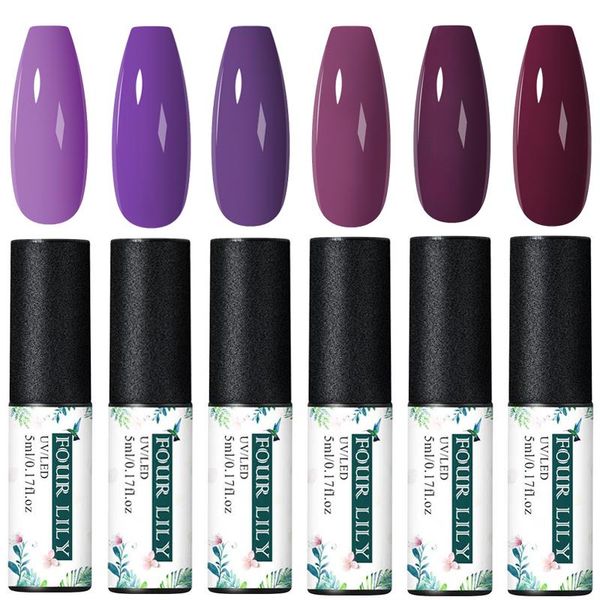 

nail gel four lily 6pcs polish set autumn winter color glitter base coat semi permanent soak off nails varnish art, Red;pink