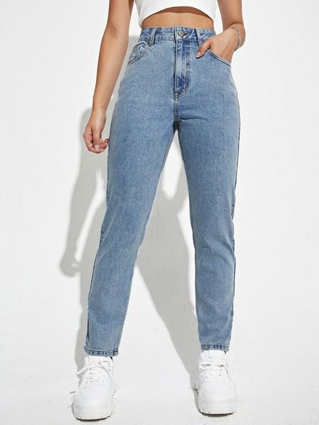 

high waisted light wash mom fit jeans p17t#, Blue