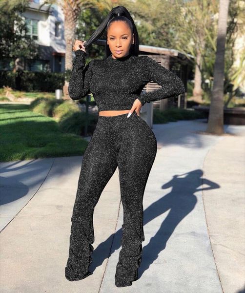 

felyn ins internet celebrity famous womens tracksuits 2 pcs set solid sparkly o neck short long pants outfits, Gray
