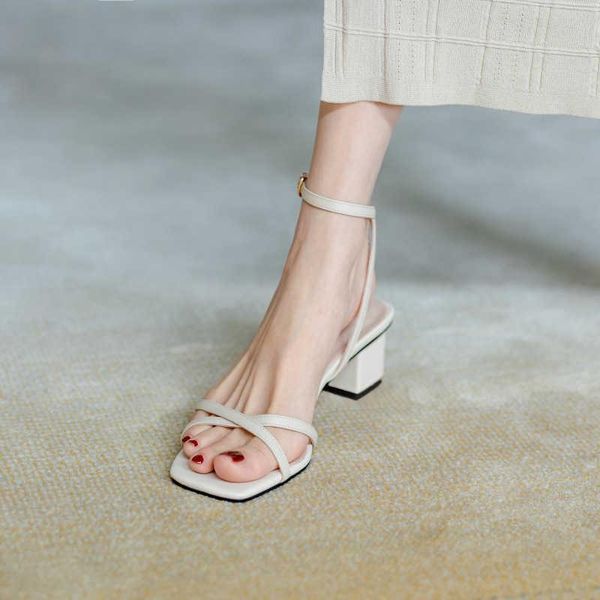 

sandals block heels med high heeled woman 2021 suit female beige square toe low-heeled shoes with strap cross chunky medium, Black