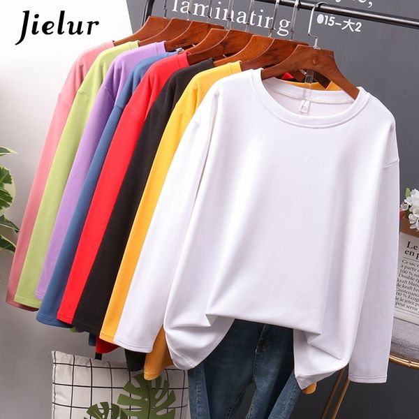 Jielur Autunno Nuova T-shirt in cotone T-shirt da donna a maniche lunghe in puro colore femminile Plus Size M-4XL T-shirt di base gialla bianca 210306