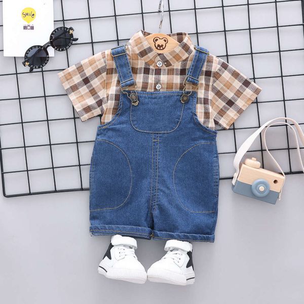 

boys' and girls' summer suit 1-3 years old children's plaid shirt denim baby suspenders 2-piece set, Blue