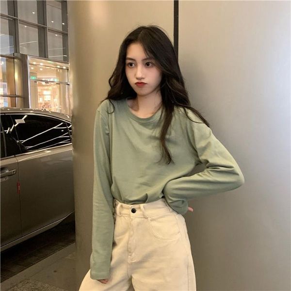 

women's t-shirt long sleeve t-shirts women chic simple solid all-match korean daily teens soft o-neck regular womens tees top, White