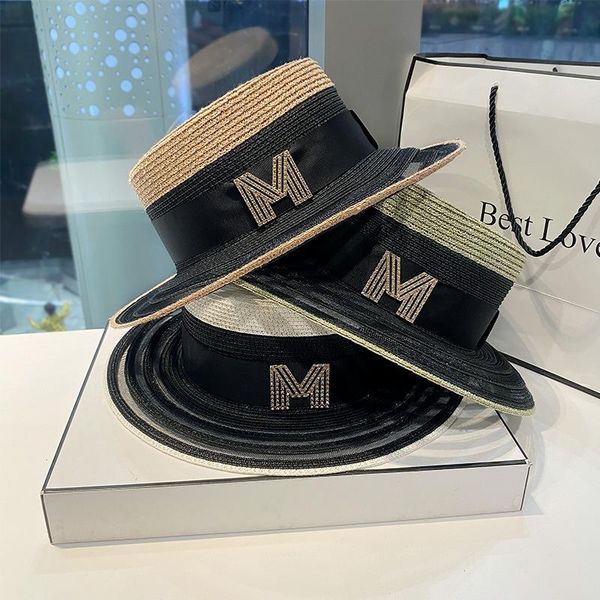 

wide brim hats 2021 m letter flat straw hat ribbon boater beach women's summer fedora panama travel sun cap, Blue;gray