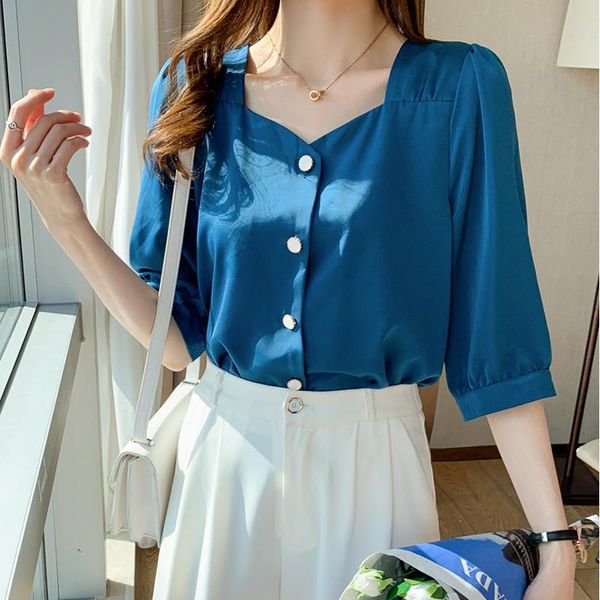 

women's blouses & shirts satin shirt 2021 summer square collar short sleeve loose slim ladies solid button chiffon white female korean