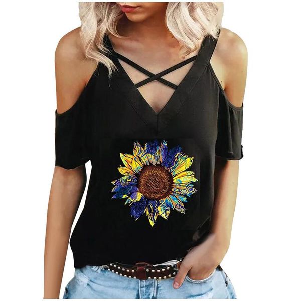 

women's t-shirt flower print cold shoulder plus size v-neck short sleeve female tee shirt summer casual t for women #t1g, White