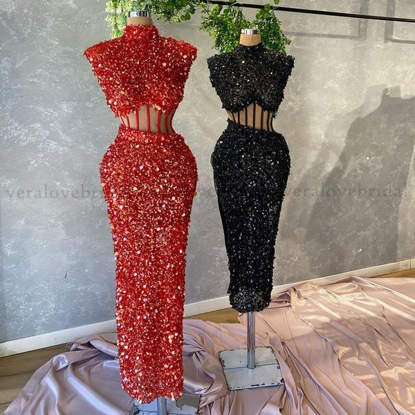 

sequins african evening dress mermiad black red high neck exposed boning prom dress robe de soirÃ©e cocktail club party gowns