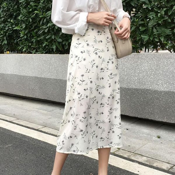 

skirts summer high waist chiffon women midi casual floral print female beach, Black