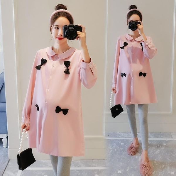 

maternity dresses 183# clothes spring autumn cotton long sleeve loose stylish bow collar dress for pregnant women mom, White
