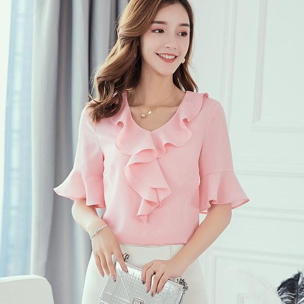 

women's blouses & shirts 2021 summer women short sleeve elegant ruffles chiffon casual solid slim shirt, White