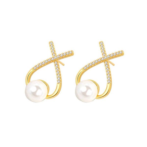 

stud 2021 luxury korean fashion earrings golden pearl cross metal pendientes nice package rhinestone earring for women, Golden;silver