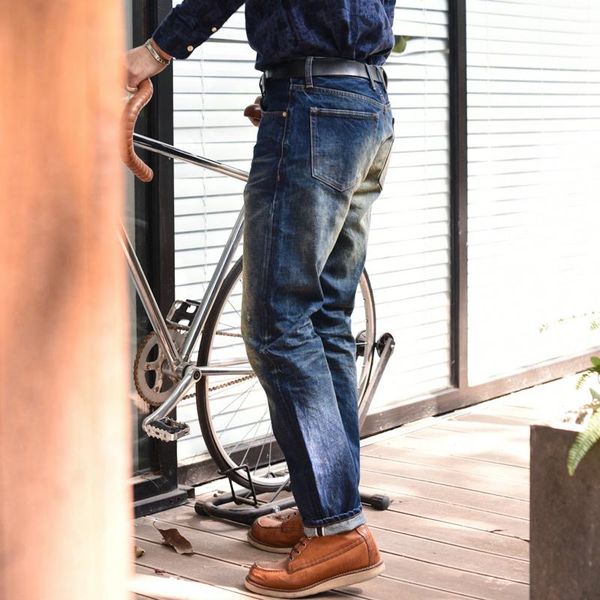 

men's jeans 2021 distressed selvedge men dark washing ageing regular fit tapered legs denim for 14 oz, Blue