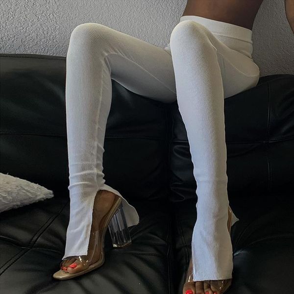 

solid ribbed pleated pencil street women capris casual wear high waist split tight trousers lady active, Black;white