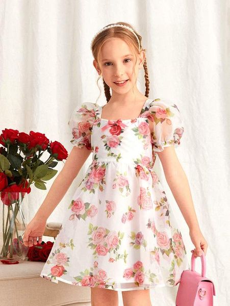 

girls floral print puff sleeve organza dress she, Red;yellow