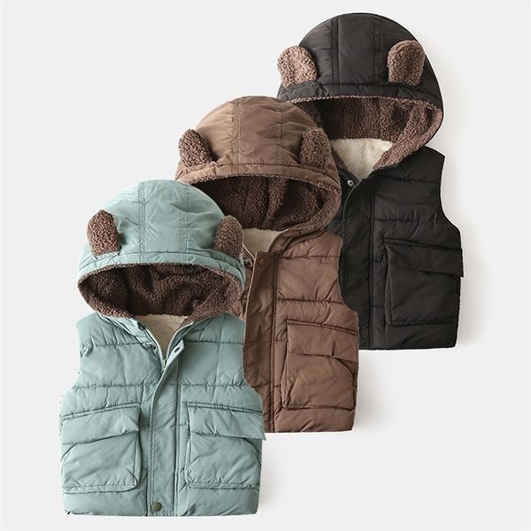 Neonati maschi Gilet invernale Moda Abbigliamento per ragazze Cappotti senza maniche con orso con cappuccio Vestiti caldi per bambini 2-6 anni Neonati 211203