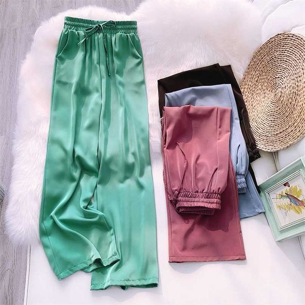 

summer women's wide-leg pants satin cloud ice silk loose casual trousers drape straight gd328 211007, Black;white