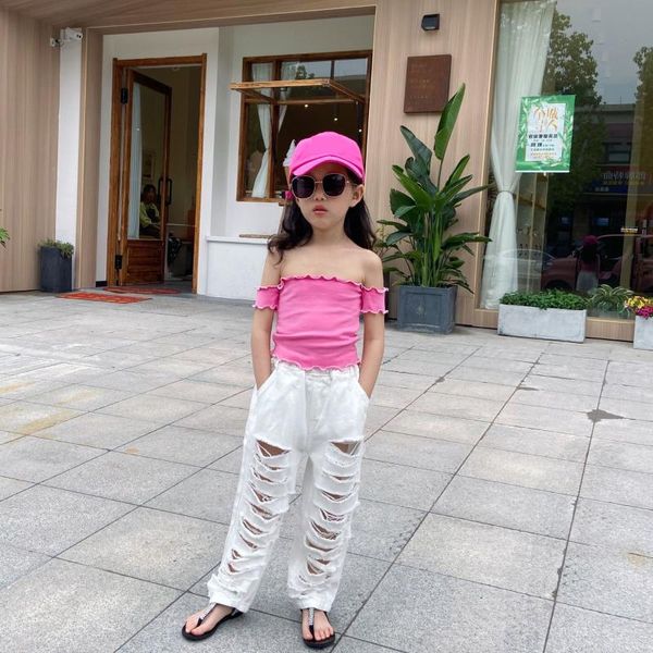 

jeans white ripped baby girls children holes distressed hollow out high waist elastic denim pants teen kids 4 to 12 yrs, Blue