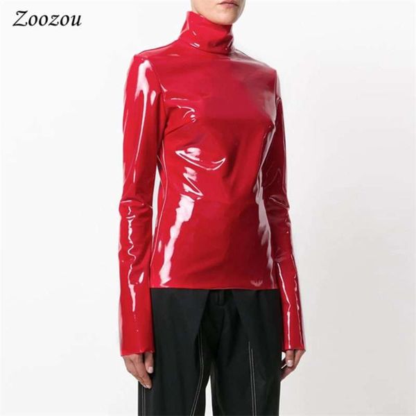 

women faux patent leather turtleneck long sleeve shirt zipper pvc pullover black red pu leather clothes streetwear custom 210928