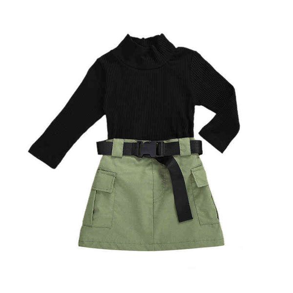 

lioraitiin 1-6years autumn fashion girls clothes sets knit long sleeve black sweater army green skirts+belt g220217, White