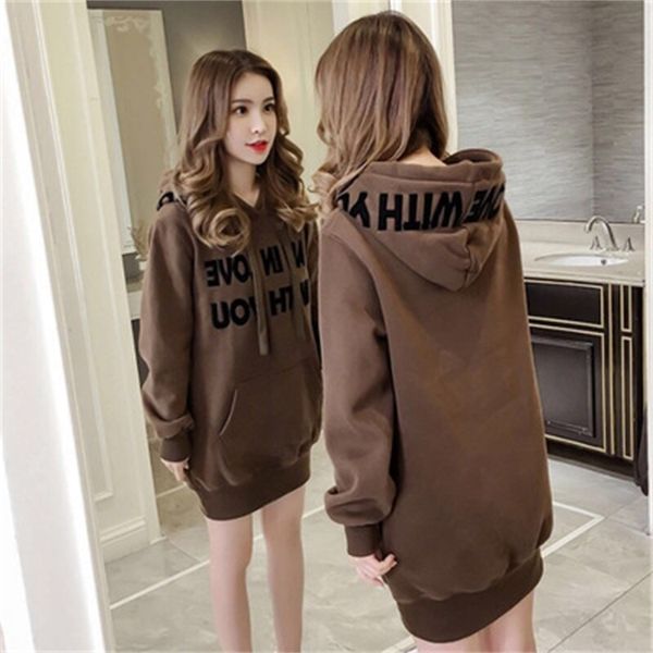 

sweater women's hooded korean version 2021 autumn winter clothes new medium and long plush thickened loose coat student fashion, Black